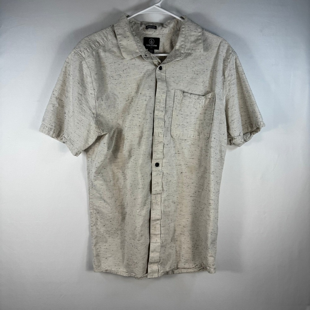 Volcom Mens Classic Fit Short‎ Sleeve Button Down Shirt Flecked Oatmeal Large